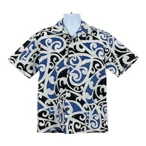 VTG‎ Y Not Hawaiian Shirt Mens L Blue Tribal Polynesian Aloha USA Made Cotton